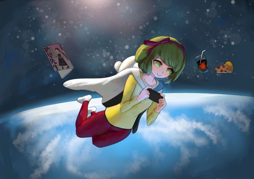 1girl blush bow cellphone child closed_mouth collarbone cover cover_page cup danganronpa_(series) danganronpa_3_(anime) danganronpa_another_episode:_ultra_despair_girls drink drinking_glass drinking_straw earth_(planet) eyelashes female_focus floating floating_object food full_body green_eyes green_hair hair_bow hair_ribbon hairband headband holding holding_phone hood hood_down hoodie long_sleeves looking_at_object looking_at_phone looking_down manga_(object) manga_cover matching_hair/eyes noobcake noobcakeart nose_blush orbit outer_space pants phone pizza pizza_slice planet red_bow red_hairband red_headband red_headwear red_pants red_ribbon ribbon sky smartphone smile solo space star_(sky) starry_sky sun towa_monaca white_footwear yellow_headwear zero-g zero_gravity