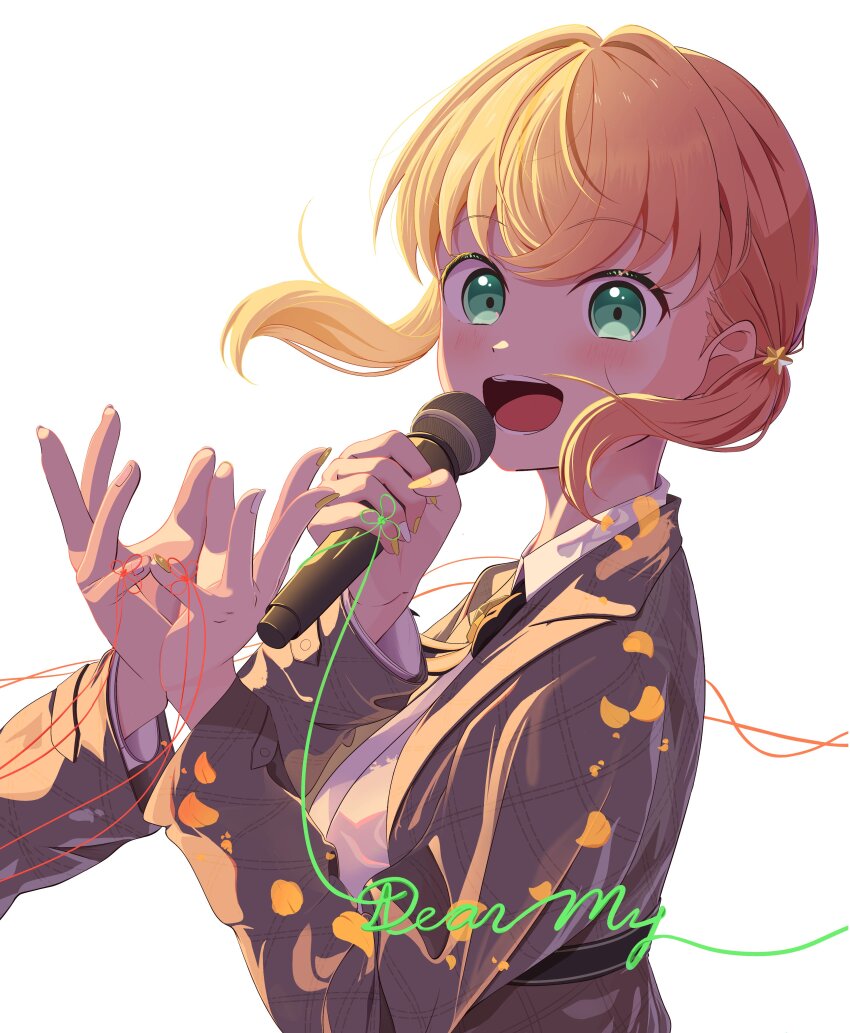 2girls :d absurdres aqua_eyes collared_shirt commentary_request crossed_bangs dress_shirt english_text flower_knot grey_jacket hair_ornament hanamusubi_(love_live!) highres hinoshita_kaho jacket link!_like!_love_live! long_sleeves love_live! medium_hair morio_(mmorio_mu) multiple_girls official_alternate_costume open_clothes open_jacket open_mouth orange_hair shirt simple_background smile solo_focus star_(symbol) star_hair_ornament string string_of_fate teeth upper_body virtual_youtuber white_background white_shirt