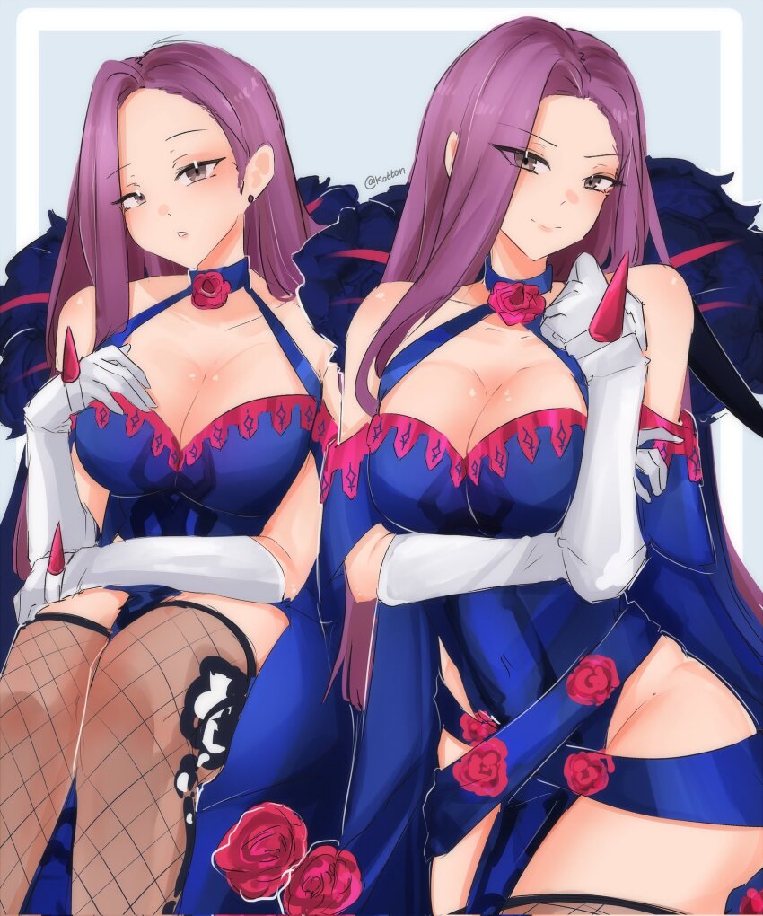 1girl arm_under_breasts bare_shoulders breasts brown_eyes cape cleavage cosplay criss-cross_halter cross-laced_clothes cross-laced_dress dress earrings elbow_gloves feather_trim fire_emblem fire_emblem_echoes:_shadows_of_valentia fire_emblem_engage fishnet_thighhighs fishnets flower gloves halterneck hand_on_own_chest highres ivy_(fire_emblem) ivy_(fire_emblem)_(cosplay) jewelry large_breasts long_hair looking_at_viewer mole mole_on_thigh multiple_views nintendo no_panties off-shoulder_dress off_shoulder purple_hair rose serafineart1001 smile sonya_(fire_emblem_gaiden) spiked taut_clothes taut_dress thighhighs white_gloves