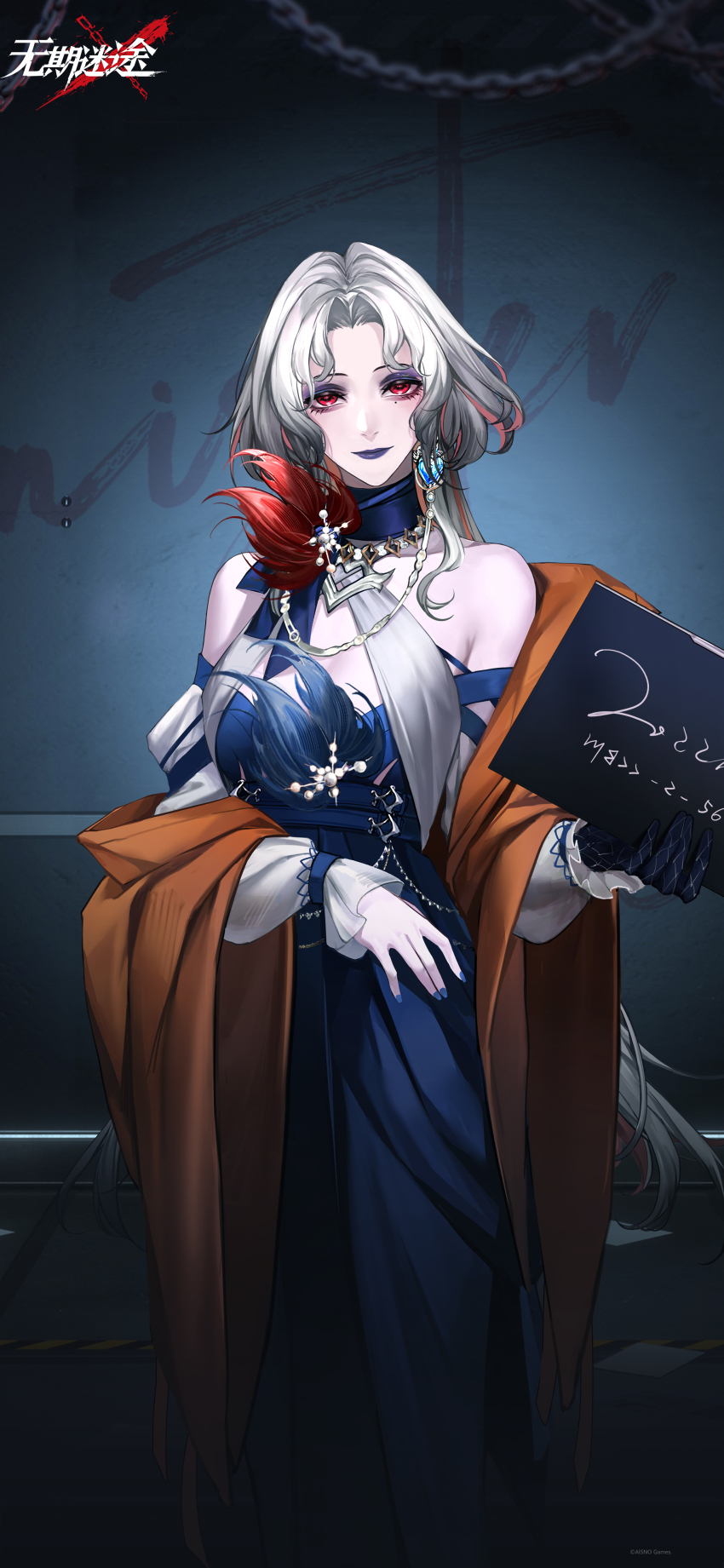 1girl absurdres against_wall bare_shoulders black_gloves blue_dress blue_eyeshadow blue_lips blue_nails cassia_(path_to_nowhere) chain character_name closed_mouth copyright_name cowboy_shot dress earrings eyeshadow gloves hands_up highres holding holding_sign indoors jacket jewelry logo long_dress long_hair looking_at_viewer makeup mole mole_under_eye mugshot necklace off-shoulder_dress off_shoulder official_art official_wallpaper orange_jacket parted_bangs path_to_nowhere prison_clothes red_eyes sign single_earring single_glove smile solo straight-on white_hair