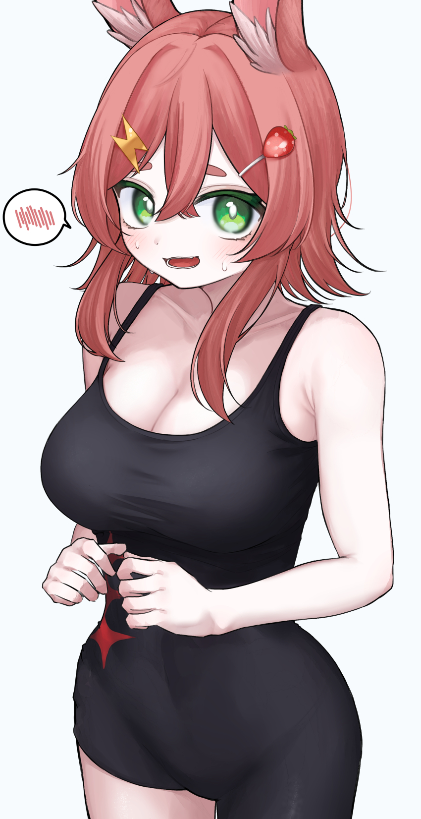 1girl absurdres animal_ear_fluff animal_ears black_leotard blush breasts cleavage cowboy_shot crossed_bangs food-themed_hair_ornament green_eyes hair_between_eyes hair_ornament highres large_breasts leotard lightning_bolt lightning_bolt_hair_ornament lightning_bolt_symbol long_hair looking_at_viewer maimai_(game) open_mouth rabbit_ears rabbit_girl ras_(maimai) simple_background smile solo spoken_blush strawberry_hair_ornament tt_(mmk_lr) white_background