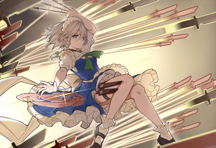 1girl absurdres apron between_fingers bow braid devilkillerx green_bow grey_hair highres holding holding_knife izayoi_sakuya knife knives_between_fingers maid maid_apron maid_headdress solo touhou touhou_lost_branch_of_legend twin_braids waist_apron wings
