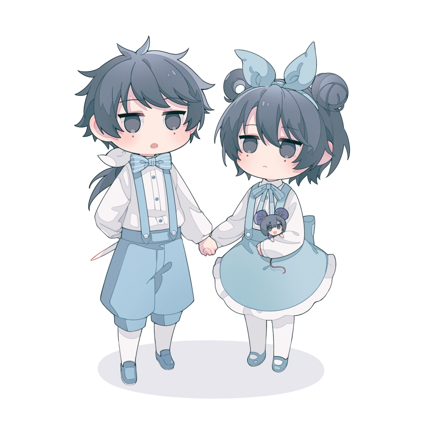 1boy 2girls absurdres back_bow blue_bow blue_bowtie blue_hairband blue_pants blue_ribbon blue_shoes blue_skirt bow bowtie chinese_commentary closed_mouth commentary_request deformed dual_persona expressionless frilled_skirt frills hair_bow hair_bun hair_rings hairband highres huai_huizhi kekekkbk li_yuting_(female) li_yuting_(male) long_hair mary_janes mini_person minigirl multiple_girls neck_ribbon official_alternate_costume open_mouth pants pantyhose ribbon shirt shoes short_hair short_twintails simple_background single_hair_bun single_hair_ring skirt smile striped_bow striped_bowtie striped_clothes striped_ribbon suspender_skirt suspenders touqi_guaitan twintails white_background white_pantyhose white_shirt