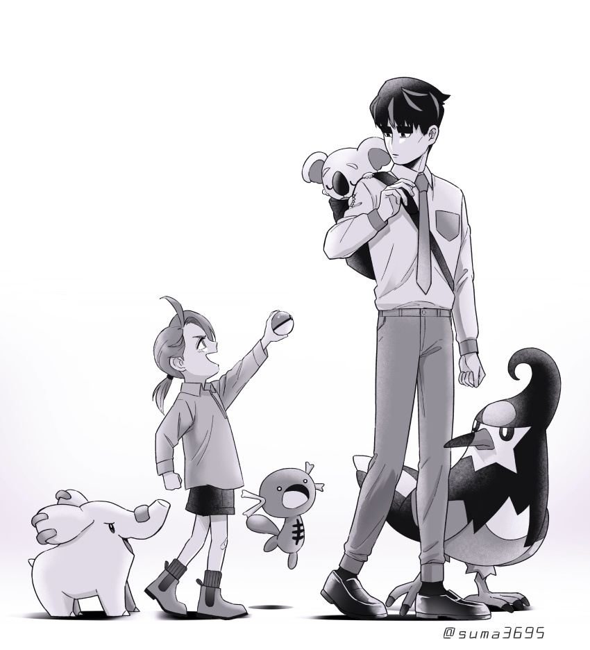 1boy 1girl :o absurdres aged_down backpack bag child commentary_request creatures_(company) game_freak gen_2_pokemon gen_4_pokemon gen_7_pokemon greyscale highres holding holding_poke_ball komala larry_(pokemon) loafers monochrome multicolored_hair necktie nintendo open_mouth paldean_wooper phanpy poke_ball pokemon pokemon_(creature) pokemon_sv polo_shirt ponytail reverse_trap rika_(pokemon) shoes short_shorts shorts smile staravia streaked_hair suma3695 twitter_username two-tone_hair