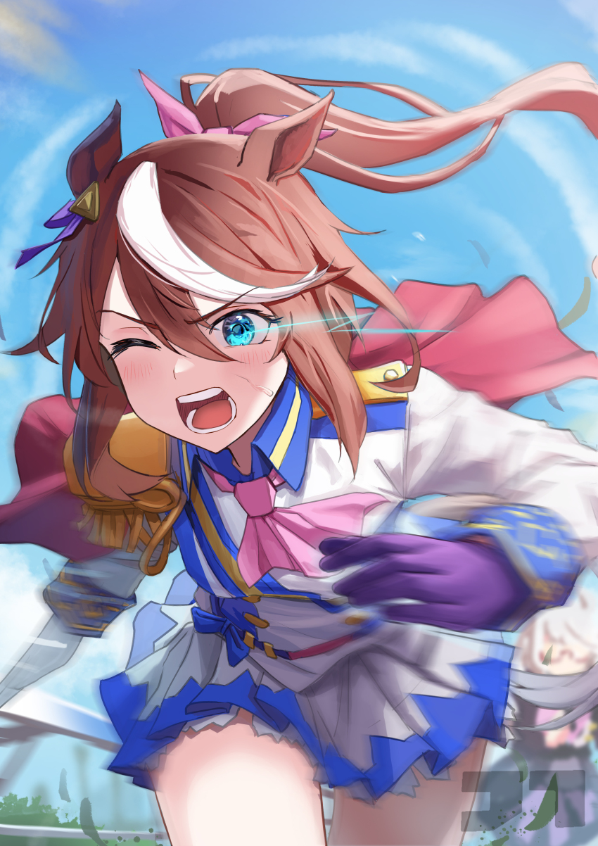 2girls absurdres animal_ears artist_logo ascot asymmetrical_gloves biwa_hayahide_(umamusume) blue_eyes blue_sky blurry blurry_background bow brown_hair capelet collared_jacket commentary commentary_request cowboy_shot double-parted_bangs epaulettes floating_hair foreshortening glasses gloves hair_between_eyes hair_bow hair_ribbon hand_on_own_hip heavy_breathing highres horse_ears horse_girl horse_racing_track horse_tail jacket jtleeklm light_blush light_trail logo long_hair long_sleeves miniskirt mismatched_gloves motion_blur multicolored_hair multiple_girls one_eye_closed open_mouth pink_ascot pink_bow pleated_skirt ponytail purple_gloves purple_ribbon red_capelet ribbon running sidelocks skirt sky streaked_hair sweat tail thighs tokai_teio_(umamusume) two-tone_hair umamusume v-shaped_eyebrows watermark white_gloves white_hair white_jacket white_skirt