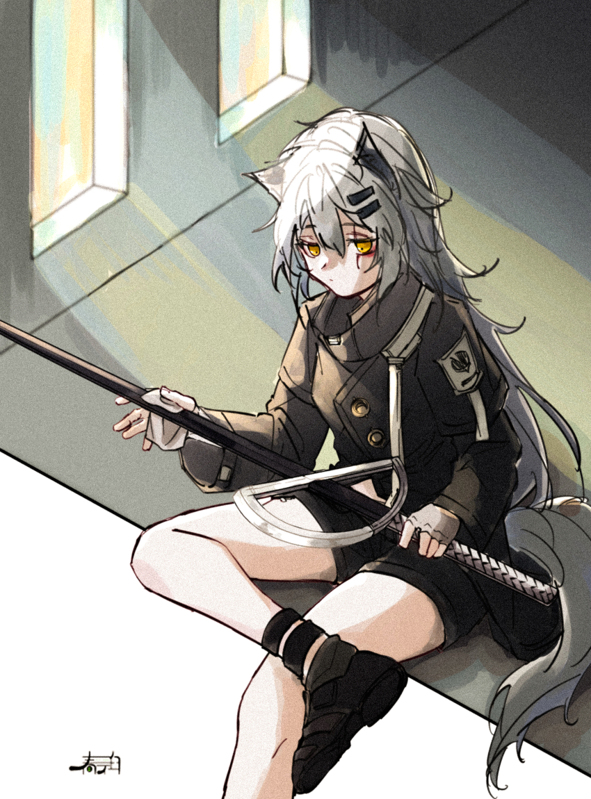 1girl animal_ears arknights black_jacket black_shoes black_shorts closed_mouth commentary_request commission expressionless fingerless_gloves foot_out_of_frame gloves grey_gloves grey_hair grey_tail hair_between_eyes hair_ornament hairclip hand_on_blade harukan_tiusu high_collar highres holding holding_sword holding_weapon jacket lappland_(arknights) long_hair long_sleeves looking_down orange_eyes shoe_soles shoes shorts signature sitting skeb_commission solo sword tail unfinished weapon wolf_ears wolf_girl wolf_tail