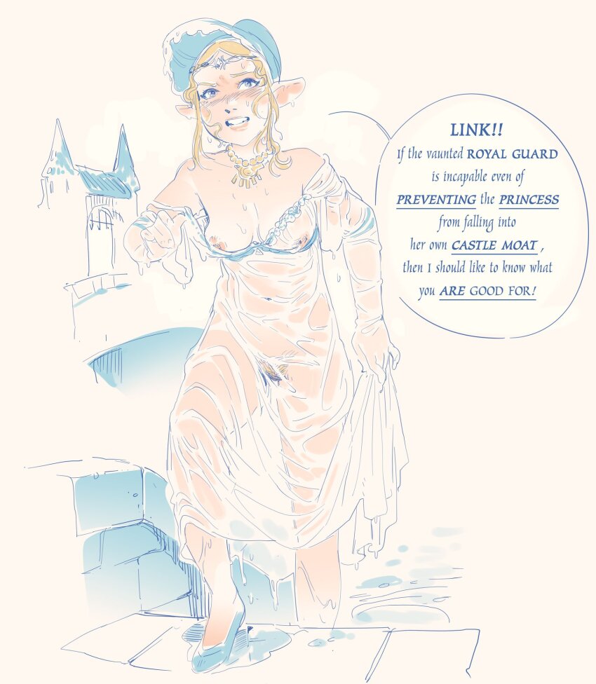 1girl angry bad_tag blonde_hair blush breasts covered_erect_nipples female hat messy_hair nintendo nipples nude pointy_ears princess_zelda pubic_hair pussy small_breasts the_legend_of_zelda transparent_clothes wet wet_clothes wintonkidd