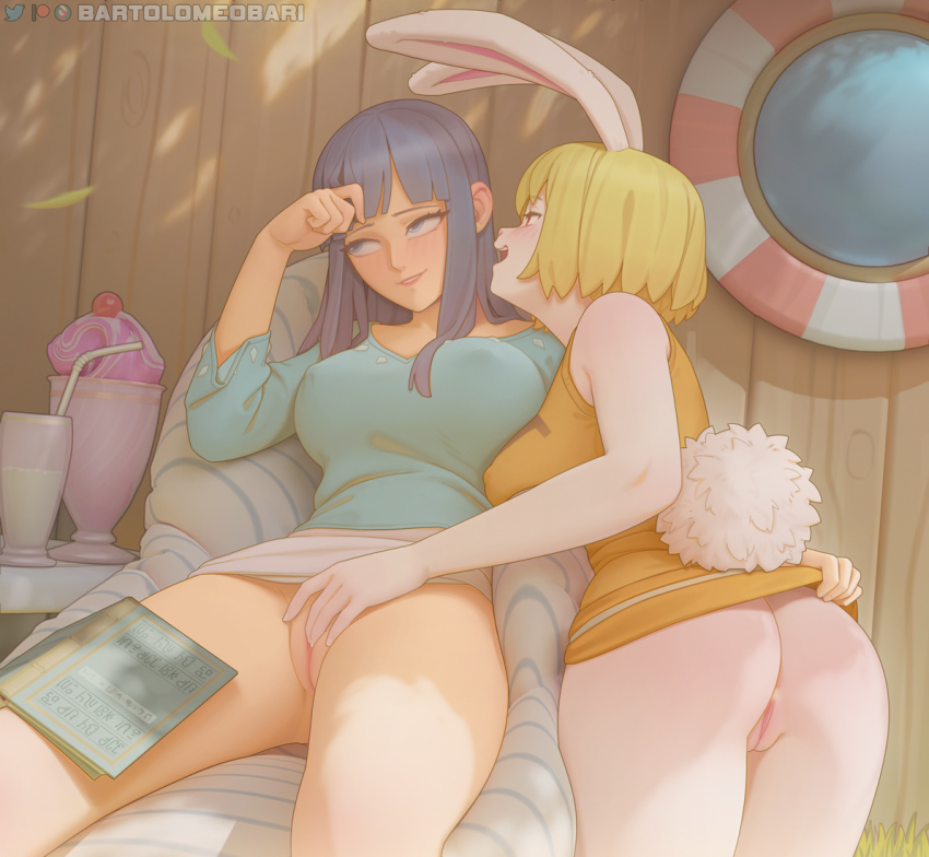 2girls animal_ears animal_nose anus ass bare_arms bare_shoulders bartolomeobari black_hair blonde_hair blue_eyes blue_hair blunt_bangs blush book bottomless breasts carrot_(one_piece) clitoral_stimulation clothes_lift commentary covered_erect_nipples cup drinking_glass drinking_straw english_commentary female_focus fingering food furry furry_female furry_with_non-furry ice_cream interspecies large_breasts lifebuoy long_hair long_sleeves looking_at_another looking_away looking_to_the_side multiple_girls nico_robin one_piece open_mouth parfait parted_lips pussy rabbit_ears rabbit_girl rabbit_tail reclining red_eyes shade short_hair sitting skirt skirt_lift sleeveless smile spread_legs sundae swim_ring tail uncensored yuri