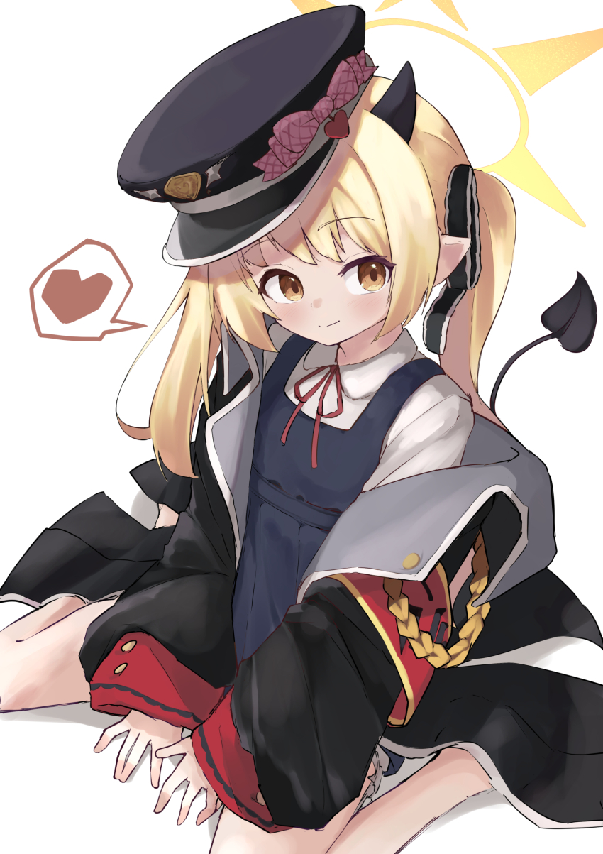 1girl absurdres black_hat black_jacket blonde_hair blue_archive blush bow closed_mouth collared_shirt commentary demon_girl demon_horns demon_tail halo hat hat_bow hat_ornament heart heart_hat_ornament highres horns ibuki_(blue_archive) jacket jacket_partially_removed knees_out_of_frame long_hair looking_at_viewer neck_ribbon open_clothes open_jacket osmium-76 peaked_cap pink_bow pointy_ears red_ribbon ribbon shirt sidelocks simple_background sitting sleeves_past_wrists smile solo speech_bubble split_mouth spoken_heart tail tail_raised twintails wariza white_background white_shirt wide_sleeves yellow_eyes yellow_halo