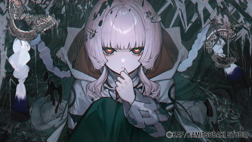 1girl abstract_background absurdres albino_(a1b1n0623) black_background blue_eyes blunt_bangs bug character_name closed_mouth copyright_name copyright_notice feet_out_of_frame hand_up highres hood hood_down hooded_jacket insect jacket kaf_(kamitsubaki_studio) kamitsubaki_studio knees_up long_hair long_sleeves looking_at_viewer low_twintails moth multicolored_eyes pink_hair red_eyes rope shimenawa sitting solo twintails virtual_youtuber white_jacket yellow_pupils