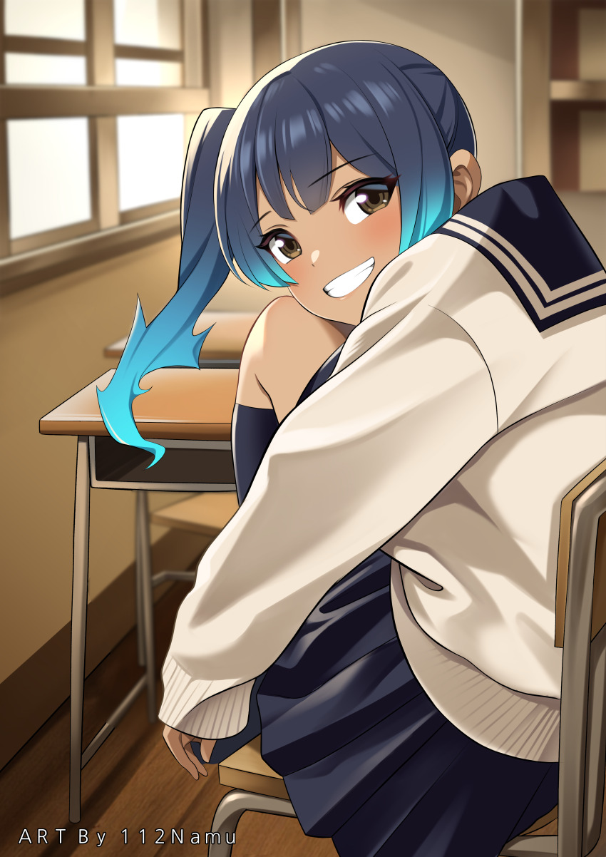 1girl absurdres alternate_costume artist_name blue_hair blue_skirt brown_eyes classroom commentary_request dark-skinned_female dark_skin fiery_hair gradient_hair highres indoors long_hair looking_at_viewer looking_back multicolored_hair namu_(112namu) on_chair pleated_skirt school_uniform sena_(xenoblade) side_ponytail sitting skirt smile solo teeth twitter_username two-tone_hair xenoblade_chronicles_(series) xenoblade_chronicles_3