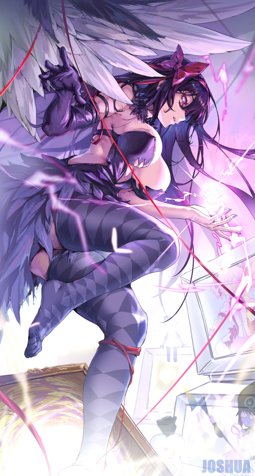 2girls absurdres akemi_homura akuma_homura alternate_breast_size arm_strap artist_name bow breasts cleavage commentary_request elbow_gloves electricity faceless faceless_female feathered_wings floating floating_object full_body gloves hair_ornament highres joshua_(tubie) kaname_madoka large_breasts oversized_wings leotard long_hair mahou_shoujo_madoka_magica mahou_shoujo_madoka_magica:_hangyaku_no_monogatari multiple_girls nail_polish no_shoes pink_bow pink_eyes pink_hair plug pointy_nose portal_(object) purple_hair purple_leotard purple_nails purple_thighhighs red_ribbon ribbon screen short_sleeves single_elbow_glove soles solo_focus standing standing_on_one_leg strapless strapless_leotard television thighhighs thighs torn_clothes ultimate_madoka wings
