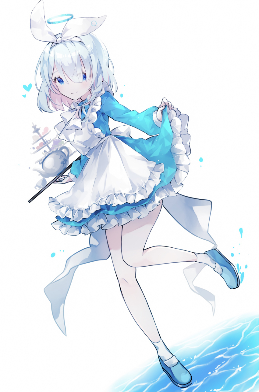 1girl absurdres alternate_costume apron arona_(blue_archive) back_bow blue_archive blue_dress blue_eyes blue_hair blue_halo blue_shoes bow bowtie braid closed_mouth commentary cup dress food frilled_apron frilled_dress frills fruit full_body grapes hair_ribbon hairband halo heart highres holding holding_tray long_sleeves looking_at_viewer maid maid_apron miyu_(miy_u1308) ribbon shoes side_braid single_braid skirt_hold smile socks solo standing standing_on_one_leg teacup teapot tiered_tray tray water white_apron white_background white_bow white_bowtie white_hairband white_ribbon white_socks