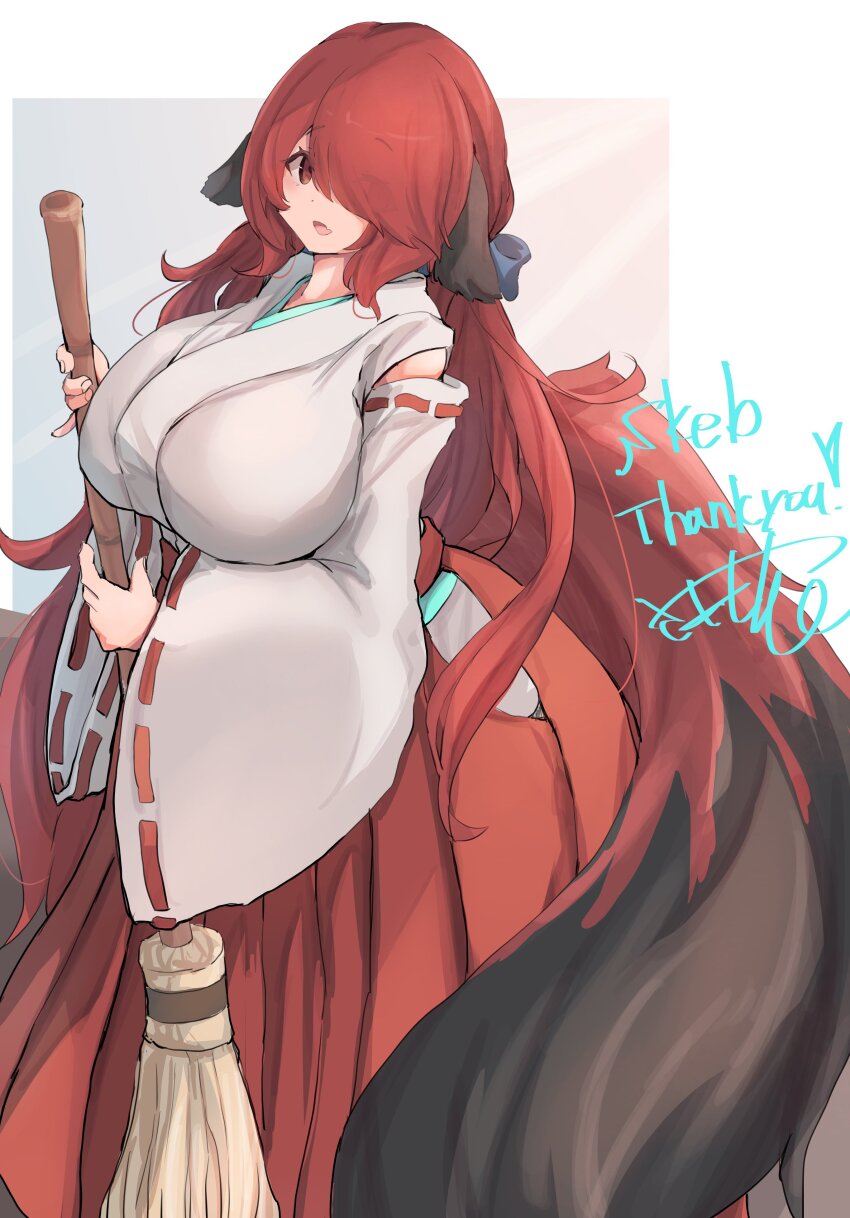 1girl animal_ears breasts broom brown_eyes commission fang from_side hair_over_one_eye hair_ribbon hakama hakama_skirt holding holding_broom japanese_clothes large_breasts long_hair miko one_eye_covered open_mouth original red_hair red_hakama ribbon saamon_(salmonkomaku) skeb_commission skirt smile solo standing tail