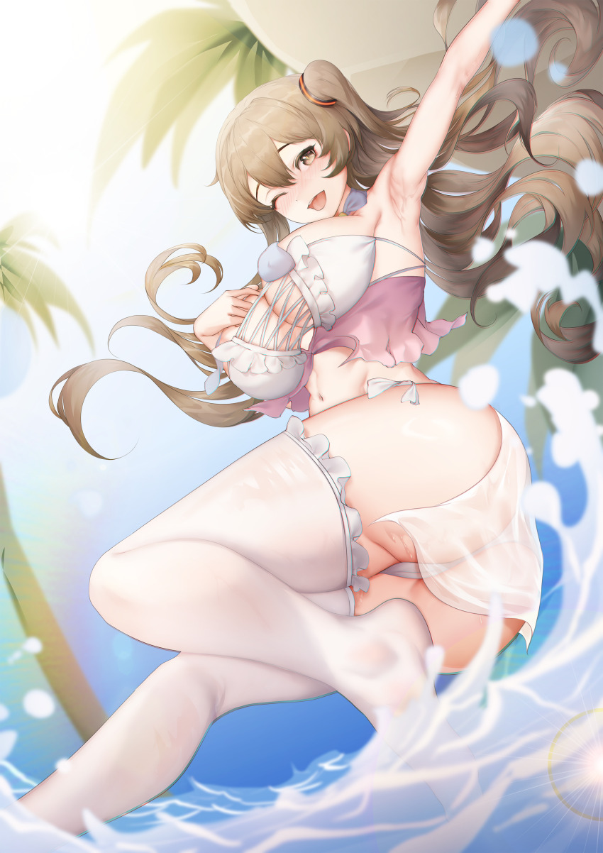 1girl ;d absurdres arm_up armpits ass beach blush breasts brown_eyes brown_hair crop_top cross-laced_clothes cross-laced_top curly_hair day from_below full_body girls&#039;_frontline girls&#039;_frontline_2:_exilium hair_between_eyes hand_on_own_chest highres k2_(girls&#039;_frontline) large_breasts legs long_hair looking_at_viewer looking_down midriff navel ocean one_eye_closed open_mouth outdoors panties side_ponytail smile solo splashing standing standing_on_one_leg thatob thighhighs thighs underwear variant_set very_long_hair wet wet_clothes white_panties yoohee_(girls&#039;_frontline_2) yoohee_(miracle_sweetheart)_(girls&#039;_frontline_2)