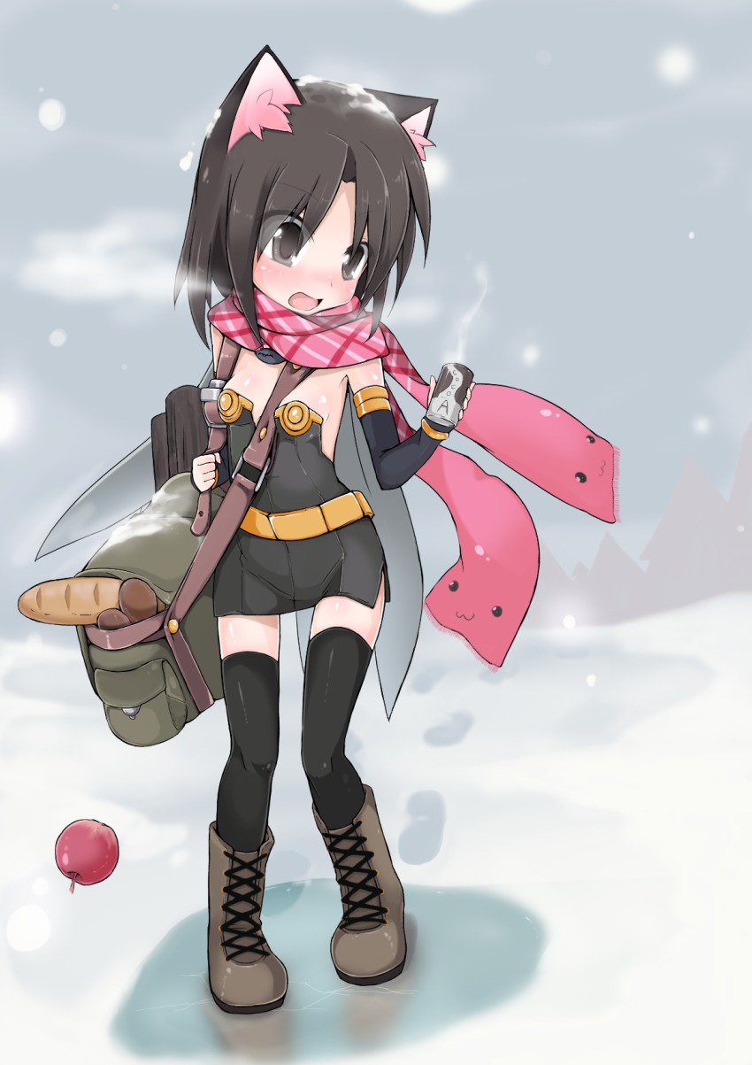 1girl alchemist alchemist_(ragnarok_online) animal_ears apple bag bare_shoulders black_thighhighs blush boots breath brown_eyes brown_hair can canned_coffee detached_sleeves dress drink_can female_focus food fruit highres morino_donguri ragnarok_online scarf short_hair solo steam thigh_gap thighhighs