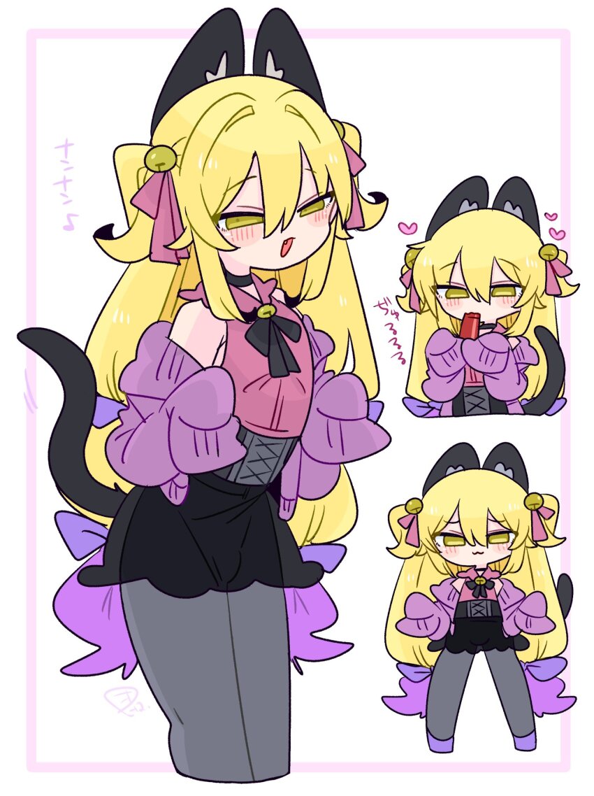 1boy :3 animal_ear_fluff animal_ears armpit_crease bare_shoulders bell black_choker black_corset black_ribbon black_skirt blonde_hair blush bow bulge cardigan cat_boy cat_ears cat_tail choker collared_shirt colored_tips commentary corset cowboy_shot crossdressing crossdressing_(mtf) double-parted_bangs eating fang food frilled_shirt_collar frills full_body grey_pantyhose grey_tail hair_bell hair_between_eyes hair_bow hair_intakes hair_ornament hands_up heart highres holding holding_food jingle_bell jirai_kei kapela_(op_na_yarou) legs_apart long_hair long_sleeves looking_at_viewer male_focus miniskirt multicolored_hair multiple_views narrowed_eyes neck_bell neck_ribbon no_nose off_shoulder op_na_yarou open_cardigan open_clothes open_mouth original pantyhose pink_bow pink_shirt purple_bow purple_cardigan purple_hair purple_shoes raised_eyebrows raised_inner_eyebrows ribbon shirt shoes sidelocks simple_background skirt sleeveless sleeveless_shirt sleeves_past_fingers sleeves_past_wrists standing tail trap two-tone_hair two_side_up upper_body very_long_hair watermark white_background yellow_eyes