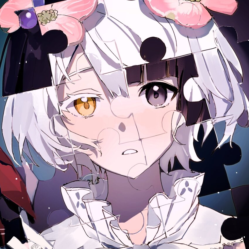 2girls ak1rame amemori_sayo black_eyes black_hair blunt_bangs blush flower frilled_shirt_collar frills hair_flower hair_ornament hashtag-only_commentary highres jigsaw_puzzle kudou_chitose light_blush looking_at_viewer multiple_girls nijisanji nose_blush parted_lips pink_flower portrait puzzle revealing_layer shirt short_hair straight-on virtual_youtuber white_hair white_shirt yellow_eyes