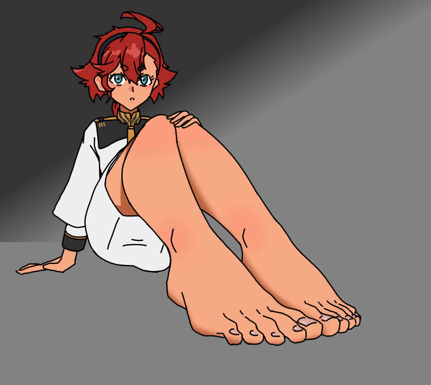 1girl absurdres barefoot blue_eyes feet gundam gundam_suisei_no_majo hairband hand_on_own_knee highres long_hair looking_at_viewer parted_lips paxa349 red_hair suletta_mercury toes