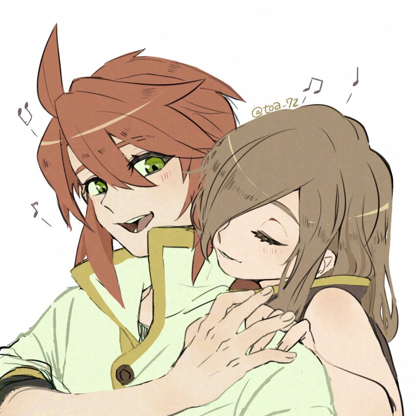 1boy 1girl bare_shoulders blush brown_dress brown_hair closed_eyes commentary_request dress green_eyes hair_between_eyes hair_over_one_eye hand_on_another&#039;s_shoulder highres jacket long_hair luke_fon_fabre musical_note open_mouth parted_lips popped_collar red_hair short_hair simple_background smile tales_of_(series) tales_of_the_abyss tear_grants toa_72 twitter_username upper_body white_background white_jacket