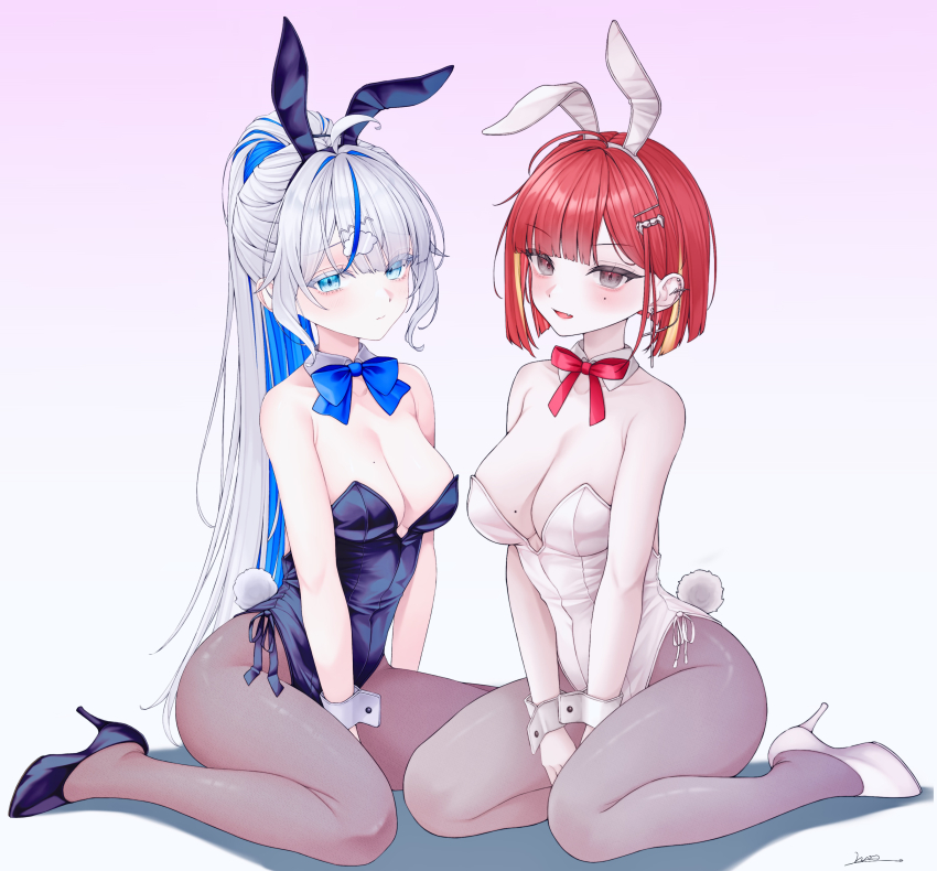 2girls absurdres akane_lize animal_ears aokumo_rin armpit_crease bare_shoulders between_legs black_leotard black_shoes blue_eyes blue_hair bow bowtie breasts brown_pantyhose cleavage closed_mouth colored_eyelashes covered_navel detached_collar fake_animal_ears fake_tail frown gradient_background hair_ornament hairband hairclip hand_between_legs high_heels highleg highleg_leotard highres leotard long_hair looking_at_viewer medium_breasts mole mole_on_breast mole_on_cheek multicolored_hair multiple_girls open_mouth pantyhose playboy_bunny ponytail rabbit_ears rabbit_tail red_hair shoes short_hair side-tie_leotard smile stellive strapless strapless_leotard streaked_hair tail two-tone_hair very_long_hair vini_(frisco) virtual_youtuber white_eyelashes white_hair white_hairband white_leotard white_shoes wrist_cuffs