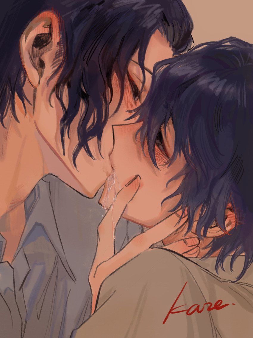 2boys black_eyes black_hair blue_hair blush brown_background chinese_commentary collared_shirt commentary_request ear_blush grandfather_and_grandson grey_shirt hand_blush highres incest kaze_(yznyttdgs) male_focus multiple_boys saibou_shinkyoku saliva shirt short_hair utsugi_noriyuki utsugi_rangiri yaoi