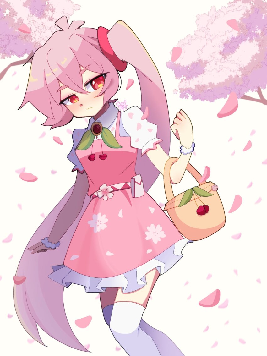 akita_neru basket cherry cherry_blossoms falling_petals floral_print food fruit highres overall_skirt petals pink_hair red_eyes sakura_neru_(vocaloid) saw_art06 scrunchie side_ponytail vocaloid white_background wrist_scrunchie