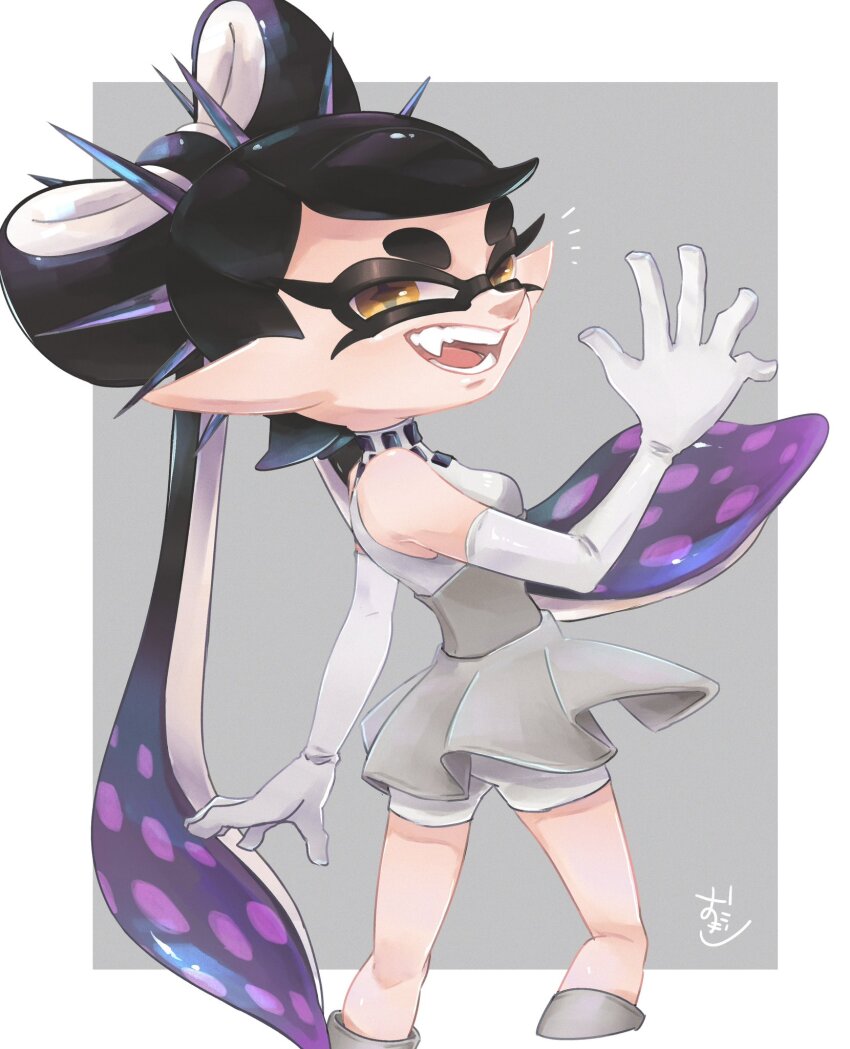 black_hair black_sleeves boots bow-shaped_hair callie_(grand_festival)_(splatoon) callie_(splatoon) choker commentary_request elbow_gloves fang frilled_skirt frills full_body gloves grey_background grey_corset grey_hair hat highres inkling long_hair looking_at_viewer mole mole_under_eye multicolored_hair nintendo off-shoulder_shirt off_shoulder official_alternate_costume okome_2g2g open_mouth pointy_ears shirt short_hair simple_background skirt sleeveless sleeveless_shirt splatoon_(series) splatoon_3 star-shaped_pupils star_(symbol) suction_cups swept_bangs symbol-shaped_pupils tentacle_hair thick_eyebrows twintails two-tone_hair very_long_hair white_gloves white_shirt yellow_eyes
