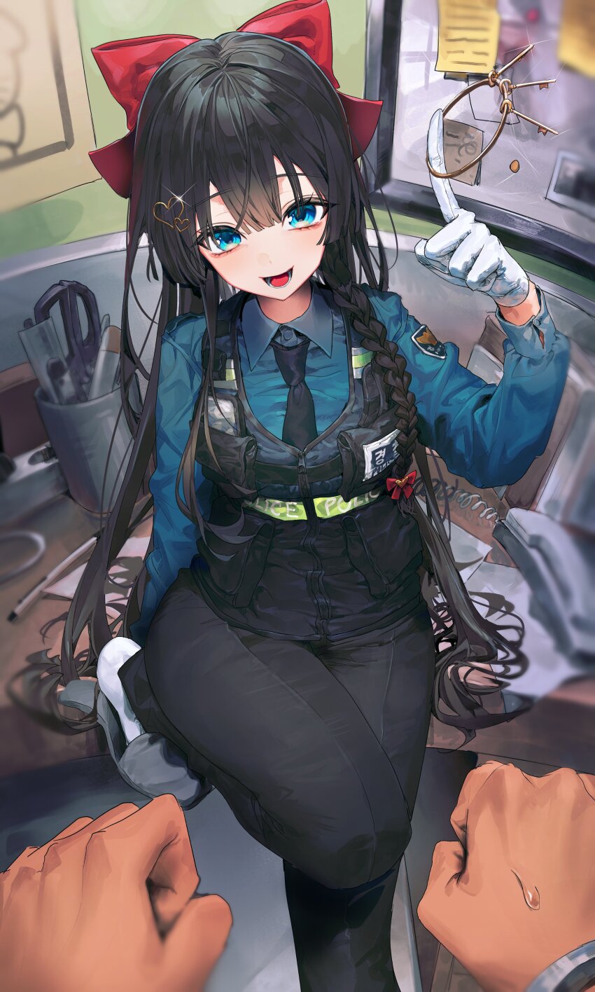 1girl absurdres black_hair blue_eyes blue_necktie blue_shirt cf_sdg gloves hair_between_eyes highres korean_text long_hair necktie police police_uniform policewoman red_ribbon ribbon shirayuki_hina shirt solo stellive virtual_youtuber white_gloves