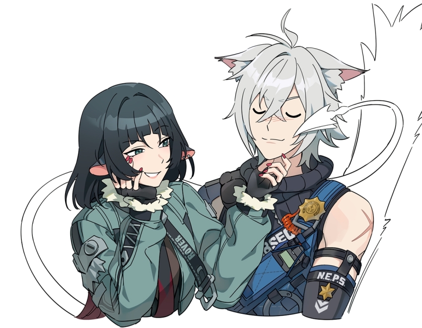1boy 1girl angduuuu_(ghost) animal_ear_fluff animal_ears black_gloves black_hair closed_eyes fingerless_gloves gloves gradient_hair green_eyes green_jacket grey_hair hair_between_eyes jacket jane_doe_(zenless_zone_zero) long_hair long_sleeves mouse_ears mouse_girl mouse_tail multicolored_hair nail_polish police police_uniform policeman red_hair red_nails seth_lowell short_hair simple_background smile tail upper_body white_background zenless_zone_zero