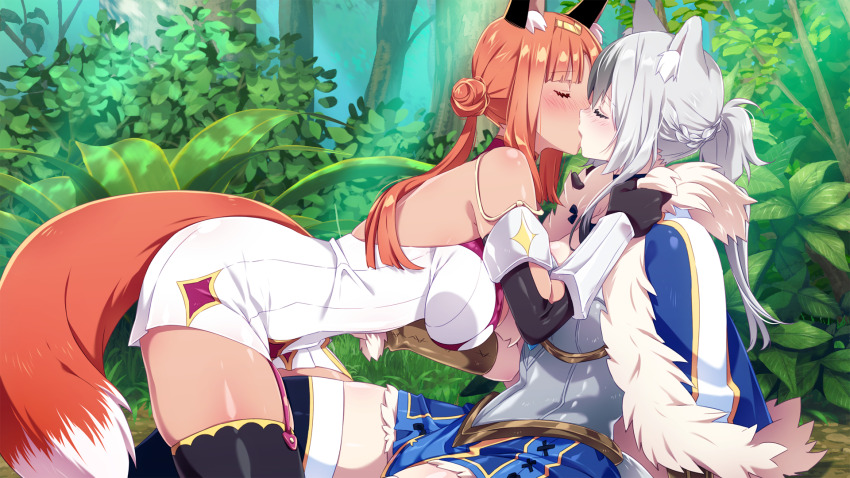 aki_(sakura_isekai_adventure) animal_ears armor armored_dress dress fox_ears fox_tail fur_jacket fur_skirt game_cg gloves grey_hair highres inma jacket kiss official_art orange_hair sakura_isekai_adventure scarlet_(sakura_isekai_adventure) tail yuri