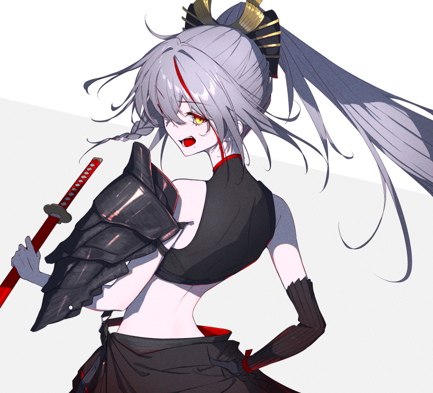 1girl akafuyu_(arknights) arknights armor bare_shoulders black_gloves braid commentary crop_top elbow_gloves from_behind gloves grey_hair hair_between_eyes hand_on_own_hip high_ponytail highres holding holding_sword holding_weapon karasuri katana looking_at_viewer looking_back multicolored_hair one_eye_covered open_mouth ponytail red_hair simple_background single_elbow_glove solo streaked_hair sword teeth tongue upper_body weapon white_background yellow_eyes