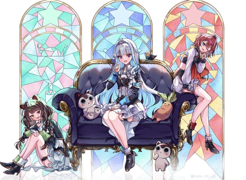 3girls ange_katrina animal animal_ears ankle_boots arm_support asymmetrical_footwear banken_(inui_toko) bare_legs black_boots black_shirt black_skirt blue_eyes blue_hair blunt_bangs blush boots braid brown_hair clothed_animal color-coded colored_inner_hair commentary_request couch creature dog_ears fold-over_boots formal_clothes frilled_skirt frills gold_trim hair_intakes half_up_braid hand_up heterochromia high_heel_boots high_heels idol_clothes index_finger_raised inui_toko inward_v knees_up layered_shirt layered_skirt lize_helesta long_hair long_sidelocks long_sleeves looking_at_viewer low_twin_braids mandragora mandragora_(ange_katrina) medium_hair midriff miniskirt mismatched_footwear monocle multicolored_hair multiple_girls nijisanji nijisanji_idol_uniform no_gloves no_tail on_couch one_eye_closed open_mouth purple_eyes red_eyes red_hair ruru_yui_joji sanbaka_(nijisanji) sebastian_piyodore shirt sidelocks silver_tiara sitting skirt sleeve_cuffs smile stained_glass streaked_hair suit thigh_strap twin_braids twitter_username two-tone_hair v very_long_hair virtual_youtuber white_hair white_shirt white_skirt yellow_eyes