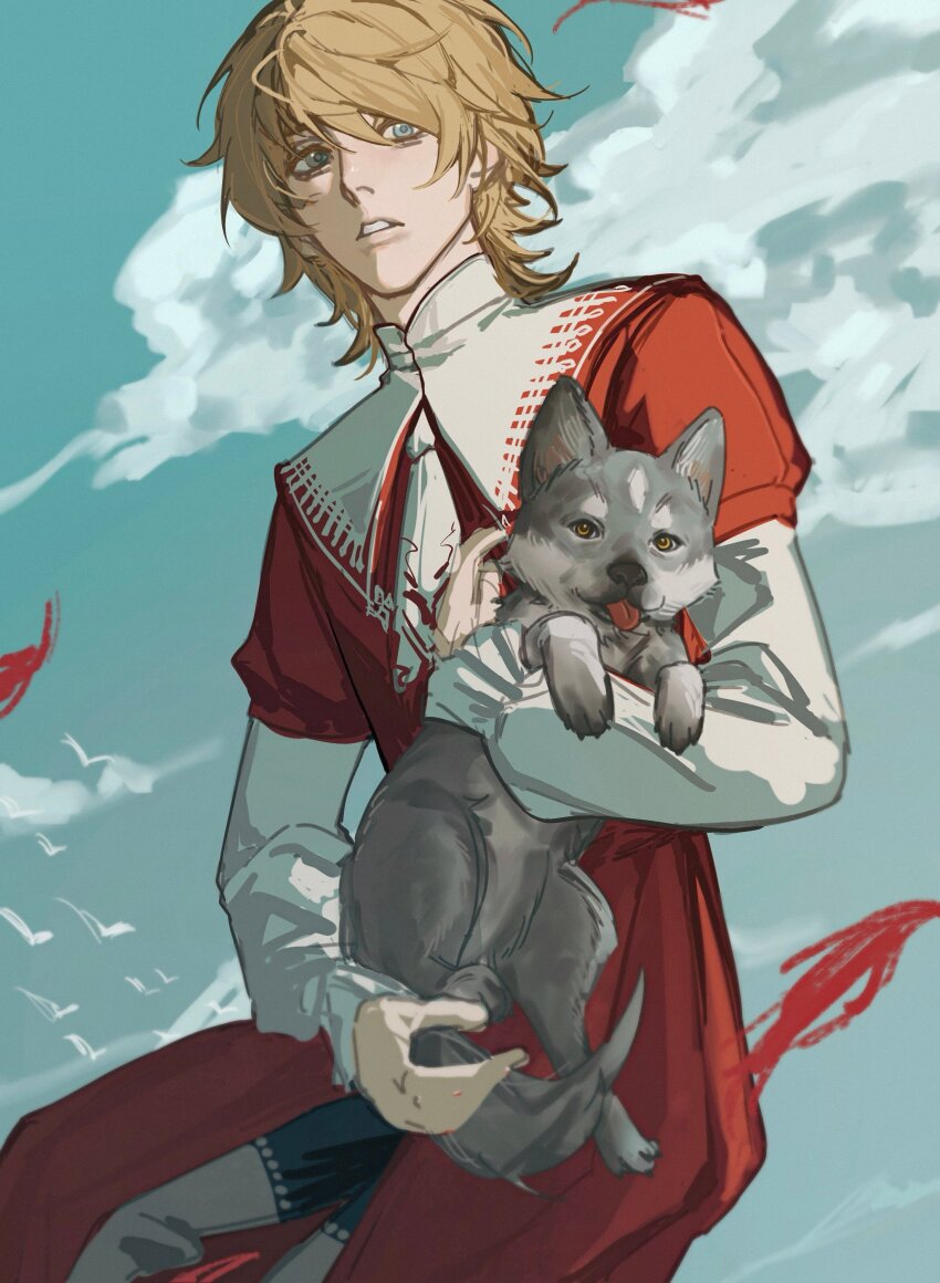1boy absurdres blonde_hair blue_eyes center_opening cloud cloudy_sky collar cowboy_shot dog final_fantasy final_fantasy_xvi frilled_sleeves frills grey_pants hair_between_eyes highres jacket joshua_rosfield long_sleeves male_focus medium_hair orange_eyes pants parted_lips qmyyz red_jacket shirt sky tongue tongue_out torgal_(ff16) wavy_hair white_collar white_shirt