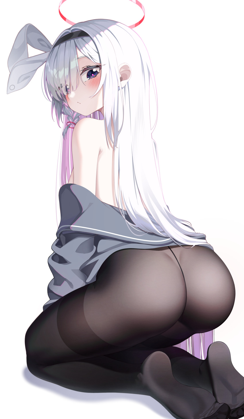1girl absurdres ass back black_eyes black_hairband black_pantyhose blue_archive braid from_behind hairband halo highres kanzi kneeling loli long_hair looking_at_viewer looking_back multicolored_hair no_shoes pantyhose pink_hair pink_pupils plana_(blue_archive) red_halo simple_background single_braid soles solo toes two-tone_hair white_background white_hair