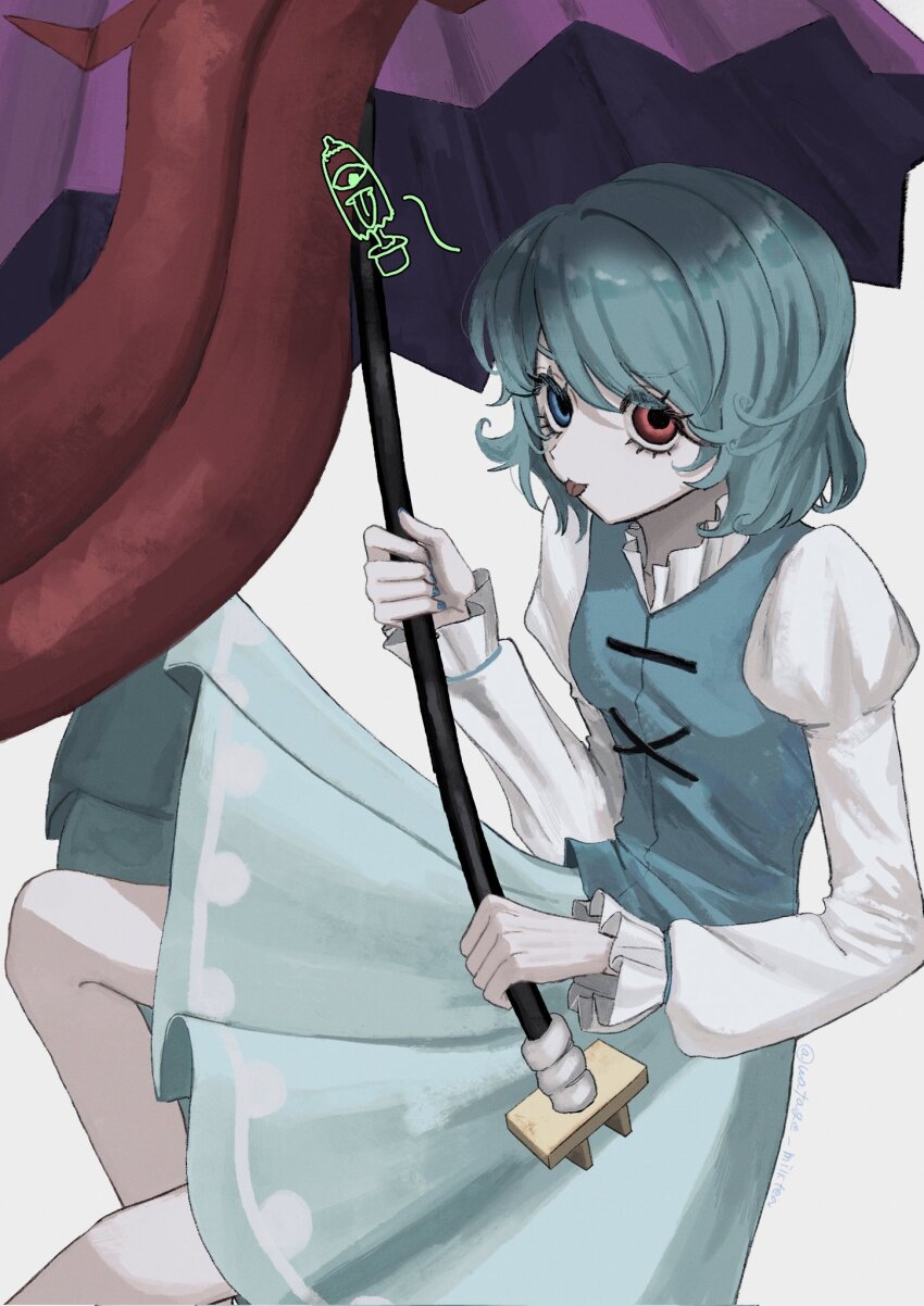 1girl blue_eyes blue_hair blue_skirt blue_vest breasts hashtag-only_commentary heterochromia highres holding holding_umbrella juliet_sleeves karakasa_obake long_sleeves long_tongue puffy_sleeves purple_umbrella red_eyes shirt short_hair simple_background skirt small_breasts solo tatara_kogasa tongue tongue_out touhou umbrella vest watage_milktea white_background white_shirt