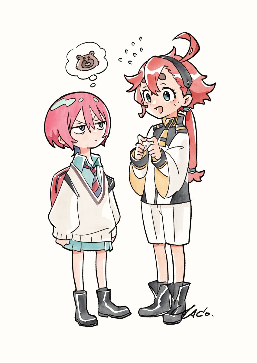 2girls absurdres ahoge amate_yuzuriha asticassia_school_uniform backpack bag black_boots black_hairband boots color_connection female_focus full_body green_shirt green_skirt gundam gundam_gquuuuuux gundam_suisei_no_majo hair_color_connection hairband highres in-franchise_crossover index_fingers_together jitome long_hair looking_at_another military_uniform multiple_girls necktie open_mouth ponytail red_bag red_hair school_uniform shirt short_hair shorts signature simple_background skirt speech_bubble standing striped_necktie suletta_mercury sweater tanuki thought_bubble trait_connection white_background white_shorts white_sweater yaco_(085)