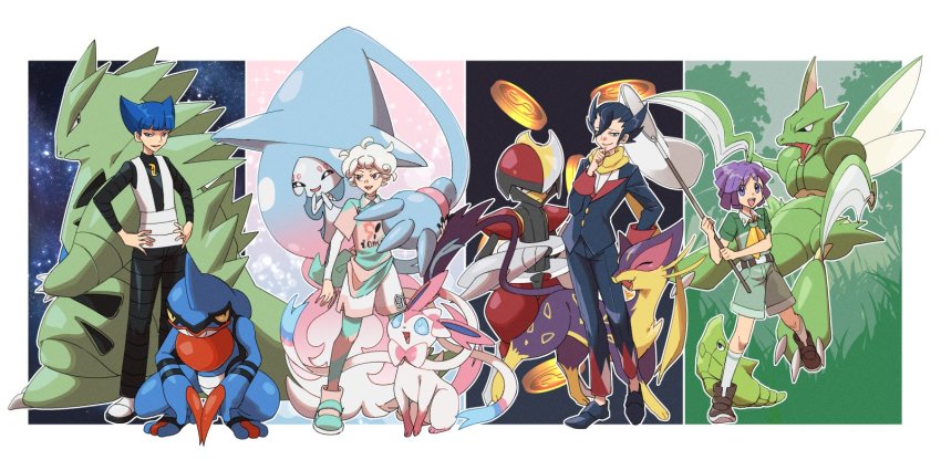 4boys bede_(pokemon) belt belt_buckle bisharp black_footwear black_hair black_pants black_shirt blue_hair blunt_bangs border brown_belt brown_footwear buckle bugsy_(pokemon) butterfly_net buttons collared_shirt commentary_request creatures_(company) curly_hair game_freak gen_1_pokemon gen_2_pokemon gen_4_pokemon gen_5_pokemon gen_6_pokemon gen_8_pokemon green_shirt green_shorts grimsley_(pokemon) hand_net hands_on_own_hips hatterene highres holding holding_butterfly_net kneehighs kono2noko leggings liepard logo male_focus metapod multiple_boys neckerchief nintendo pants pointy_hair pokemon pokemon_(creature) pokemon_bw pokemon_dppt pokemon_hgss pokemon_swsh purple_eyes purple_hair saturn_(pokemon) scarf scyther shirt shoes short_hair short_sleeves shorts smile socks standing sylveon team_galactic team_galactic_uniform toxicroak tyranitar undershirt vest white_border white_footwear white_legwear white_shirt white_vest yellow_neckerchief yellow_scarf