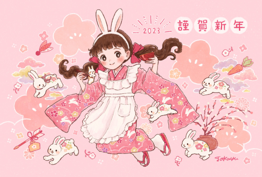 1girl 2023 animal animal_ears animal_print apron arrow_(projectile) blunt_bangs bow bowl brown_hair carrot cherry_blossom_print chopsticks chrysanthemum_print fake_animal_ears feathers floating_hair floral_background floral_print flower flower_pot food frilled_apron frills full_body furisode hair_bow hairband holding holding_bowl holding_chopsticks japanese_clothes jumping kimono long_sleeves low_twintails maid_apron midair new_year object_request original pink_background pink_bow pink_flower pink_kimono pink_sandals pink_theme plant pocket potted_plant print_kimono rabbit rabbit_ears rabbit_print sandals socks tokoyu twintails vegetable white_apron white_flower white_fur white_hairband white_rabbit_(animal) white_socks wide_sleeves zouri