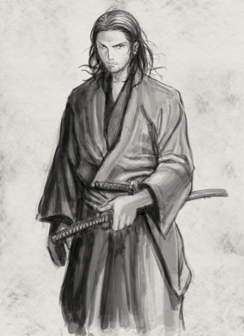 1boy absurdres arm_at_side beard closed_mouth collarbone facial_hair greyscale hair_down highres japanese_clothes katana kotatsumuri_(yaugau) looking_at_viewer male_focus mature_male messy_hair miyamoto_musashi_(vagabond) monochrome multiple_swords serious solo sword vagabond weapon wide_sleeves