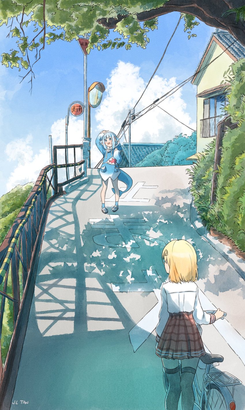 2girls animal_hood aqua_hair arm_up bare_legs bicycle black_legwear blonde_hair blue_eyes blue_sky blue_socks bush cloud commentary day english_commentary facing_away feet_out_of_frame full_body gawr_gura hair_ornament highres hill hololive hololive_english hood house jl_tan long_sleeves multiple_girls outdoors plaid_clothes plaid_skirt power_lines railing red_skirt road road_sign rural shark_hair_ornament shark_hood shirt short_hair sidelocks sign signature skirt sky sleeves_past_wrists socks thighhighs tree two_side_up utility_pole virtual_youtuber watson_amelia waving white_footwear white_shirt window