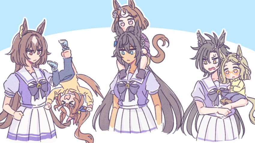 air_messiah_(umamusume) air_shakur_(umamusume) akamirai animal_ears black_hair blue_eyes breasts brown_hair dark-skinned_female dark_skin ear_ornament earrings eyebrow_piercing face_piercing hair_between_eyes hair_ornament highres horse_ears horse_girl horse_tail jewelry long_hair long_sleeves multicolored_hair multiple_girls open_mouth piercing ponytail red_eyes school_uniform sharp_teeth shirt single_earring sirius_symboli_(umamusume) skirt streaked_hair symboli_kris_s_(umamusume) tail teeth tokai_teio_(umamusume) tracen_school_uniform tsurumaru_tsuyoshi_(umamusume) two-tone_hair umamusume very_long_hair white_hair yellow_eyes