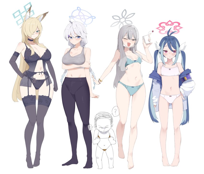 1boy 4girls ahoge animal_ear_fluff animal_ears aqua_eyes arm_under_breasts bikini black_bra black_gloves black_panties black_pantyhose black_thighhighs blonde_hair blue_archive blue_bra blue_hair blue_panties blush bra bracelet braid breasts choker cleavage crossdressing cup disposable_cup doodle_sensei_(blue_archive) elbow_gloves fang flat_chest fubuki_(blue_archive) garter_belt garter_straps gloves grey_eyes grey_hair gurenola hair_over_one_eye hair_ribbon halo hand_on_own_hip holding holding_cup holding_own_arm jacket jewelry kanna_(blue_archive) kirino_(blue_archive) konoka_(blue_archive) lace lace-trimmed_garter_belt lace-trimmed_panties lace-trimmed_thighhighs lace_trim large_breasts lingerie long_hair long_twintails multiple_girls navel off-shoulder_jacket off_shoulder one_eye_closed one_eye_covered open_clothes open_jacket open_mouth panties pantyhose pink_eyes ribbon sensei_(blue_archive) sleeveless small_breasts smile sports_bra standing swimsuit thighhighs twin_braids twintails underwear white_background white_hair wide_hips wink
