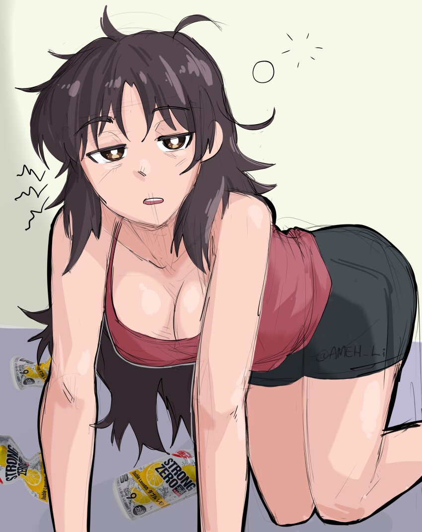1girl absurdres alcohol all_fours ameh_li azumanga_daiou black_shorts breasts brown_eyes brown_hair can cleavage half-closed_eyes hangover highres medium_breasts messy_hair red_tank_top shorts strong_zero tanizaki_yukari tank_top