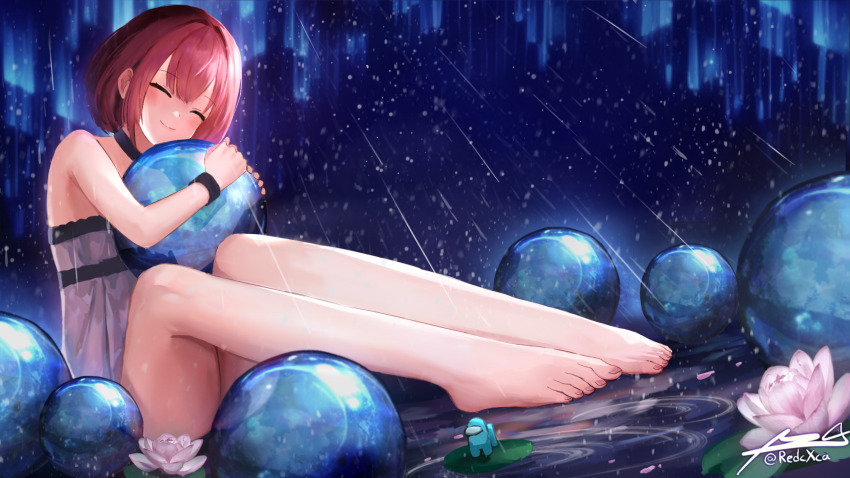 1girl among_us barefoot blue_(among_us) blush bob_cut closed_eyes closed_mouth commentary crewmate_(among_us) derivative_work dress english_commentary feet flower grey_dress highres hugging_object orb osu! pink_flower pink_hair pippi_(osu!) rain redcxca short_dress short_hair sidelocks sleeveless sleeveless_dress smile solo split_mouth