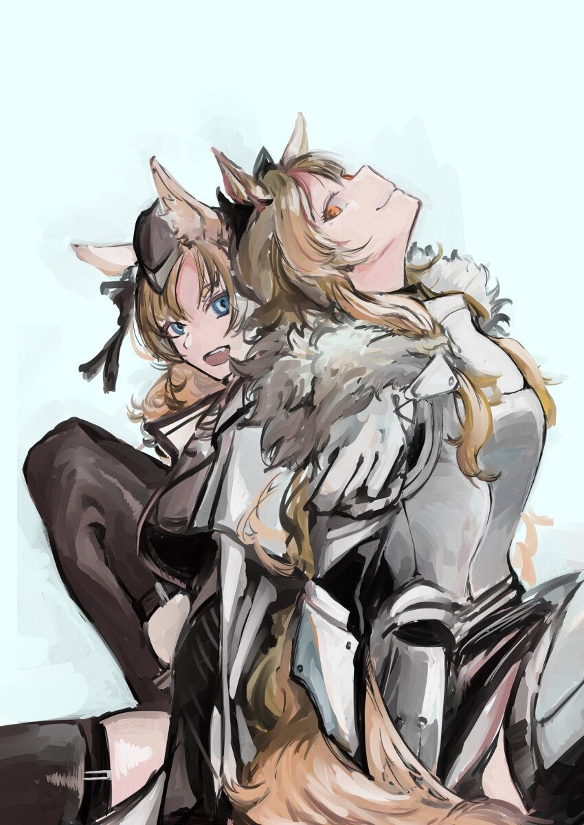 2girls animal_ear_fluff animal_ears arknights armor aunt_and_niece back-to-back black_bow black_thighhighs blemishine_(arknights) blue_eyes bow closed_mouth coat commentary fang from_side fur-trimmed_armor fur_trim garrison_cap gauntlets hair_bow hat highres horse_ears horse_girl horse_tail karaage-senpai long_hair looking_at_viewer multiple_girls open_mouth orange_eyes pauldrons plate_armor shoulder_armor simple_background sitting smile tail teeth thighhighs upper_teeth_only whislash_(arknights) white_background white_coat