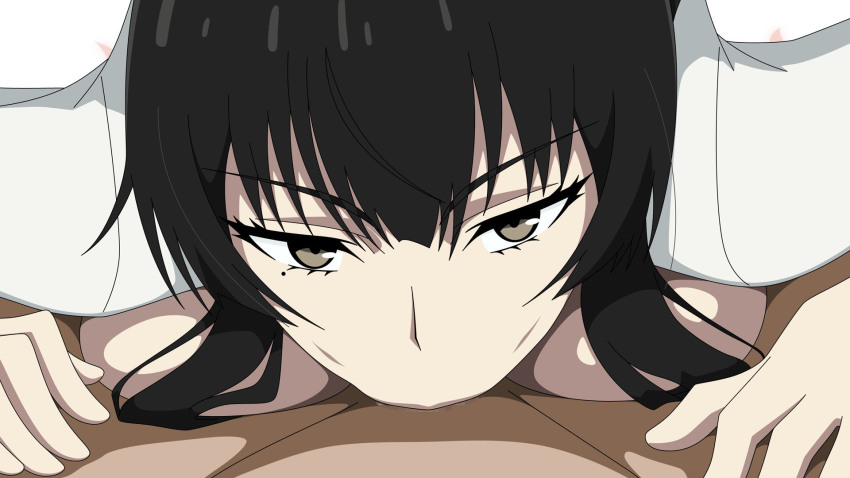 10s 1girl :&gt;= atelier_gons black_eyes black_hair breast_press breasts deepthroat fellatio highres kujou_sakurako_(sakurako) large_breasts long_hair looking_at_viewer mole no_bra open_clothes oral petals pov sakurako-san_no_ashimoto_ni_wa_shitai_ga_umatteiru simple_background solo_focus