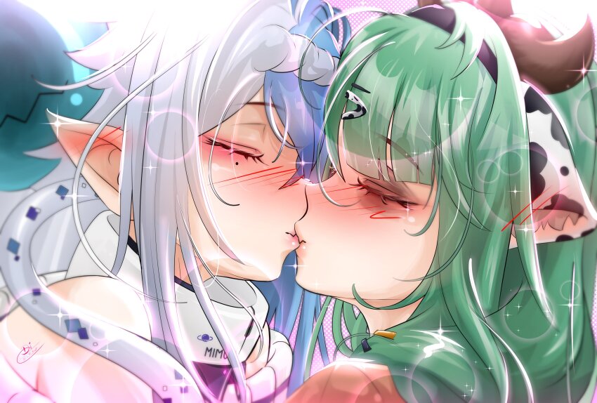 2girls absurdres animal_ears aqua_hair aquwa blurry blush bokeh closed_eyes cow_ears cow_girl cow_horns crelly_(vtuber) depth_of_field ear_blush fang green_hair hair_ornament hairclip highres horns indie_virtual_youtuber kiss mole mole_under_eye multiple_girls planet_hair_ornament pointy_ears shihir09 skin_fang sparkle virtual_youtuber white_hair yuri