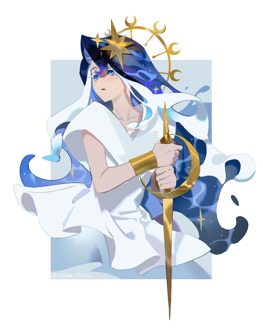 1girl absurdres bare_arms blue_eyes blue_hair border bracelet collarbone colored_eyelashes cookie_run cookie_run:_kingdom crescent flat_chest frilled_shirt frills gold_bracelet grey_background hair_between_eyes hair_ornament halo highres holding holding_polearm holding_weapon humanization jewelry lance liquid_hair long_hair looking_ahead multicolored_hair official_alternate_costume official_alternate_hair_color outside_border parted_lips polearm sea_fairy_cookie sea_fairy_cookie_(rippling_moonlight) shime52631 shirt short_sleeves simple_background solo sparkle star_(symbol) star_hair_ornament streaked_hair turning_head twitter_username two-tone_hair very_long_hair weapon white_border white_eyelashes white_hair white_shirt yellow_halo