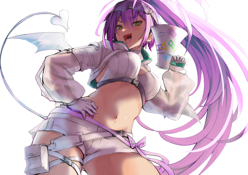 1girl alternate_breast_size belt breasts chest_belt commentary_request contrapposto cowboy_shot demon_girl demon_tail demon_wings double-parted_bangs ear_chain from_below goggles goggles_on_head gradient_hair green_eyes hair_between_eyes hand_on_own_hip high_ponytail highres holding holding_megaphone hololive hooded_shrug linked_piercing liquid_tail long_hair long_sleeves looking_at_viewer medium_breasts megaphone midriff multicolored_hair multiple_belts navel official_alternate_costume official_alternate_hair_length official_alternate_hairstyle piercing pink_hair pointy_breasts ponytail pouch puffy_long_sleeves puffy_sleeves purple_hair see-through_clothes see-through_sleeves short_shorts shorts shrug_(clothing) sidelocks simple_background ski_goggles solo sports_bra streaked_hair tail thigh_pouch thigh_strap tokoyami_towa tokoyami_towa_(cyberpunk) very_long_hair virtual_youtuber white_background white_shorts white_shrug white_sports_bra white_tail white_wings wings yude